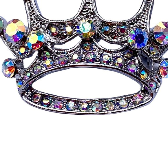 Vintage Style Princess Crown Brooch Pin Aurora Borealis Rhinestones Silver Tone - Picture 2 of 7
